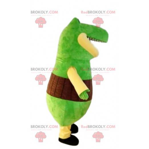 Mascote de dinossauro verde muito engraçado. Traje de