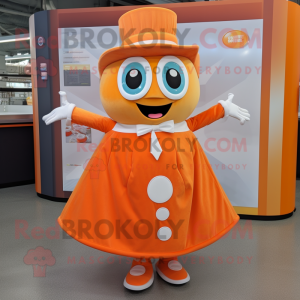 Orange Gyro mascot costume character dressed with a Skirt and Pocket squares