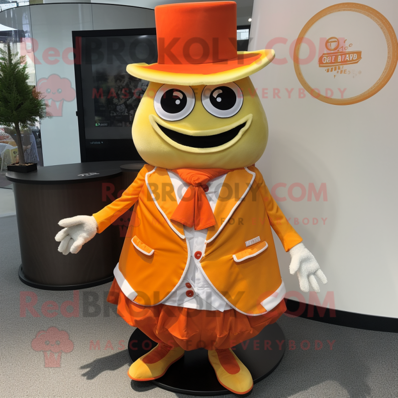 Orange Gyro mascot costume character dressed with a Skirt and Pocket squares