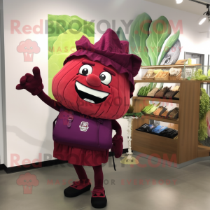 Maroon Cabbage mascot costume character dressed with a Pencil Skirt and Tote bags