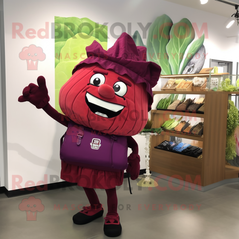 Maroon Cabbage mascot costume character dressed with a Pencil Skirt and Tote bags Maroon Cabbage mascot costume character dressed with a Pencil Skirt and Tote bags