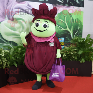 Maroon Cabbage mascot costume character dressed with a Pencil Skirt and Tote bags