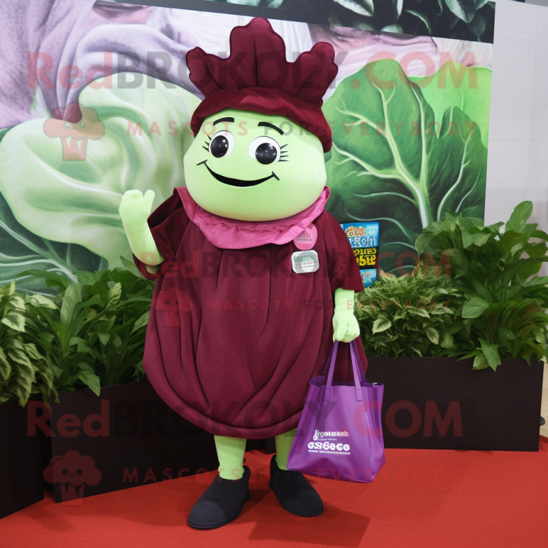 Maroon Cabbage mascot costume character dressed with a Pencil Skirt and Tote bags Maroon Cabbage mascot costume character dressed with a Pencil Skirt and Tote bags