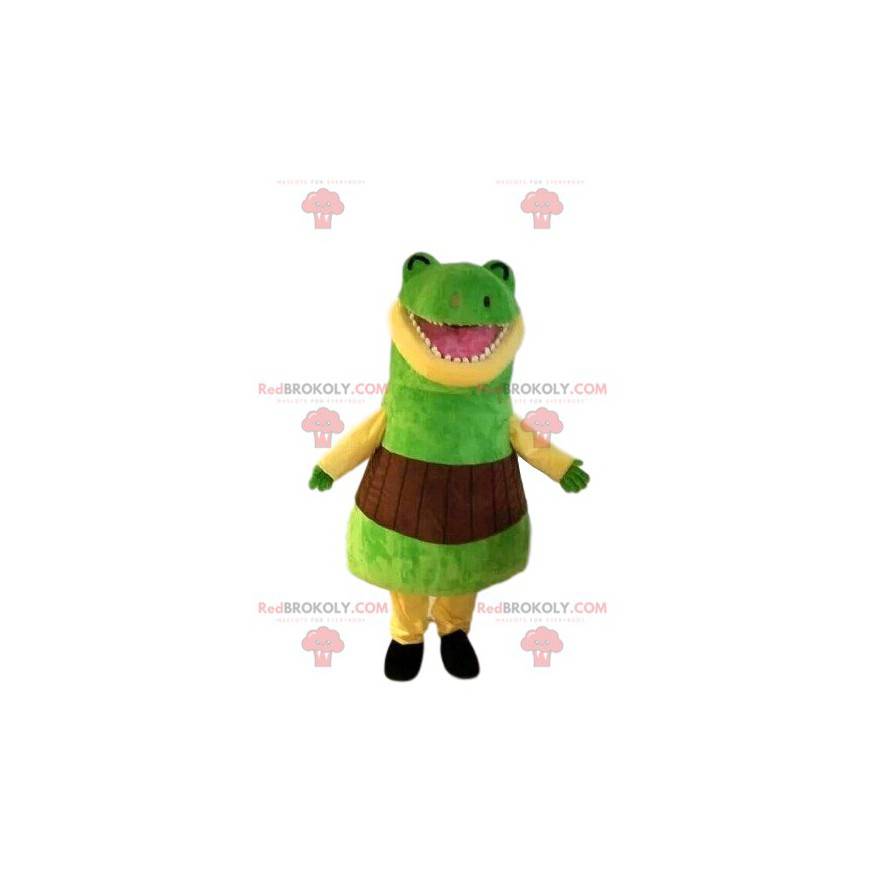 Mascote de dinossauro verde muito engraçado. Traje de