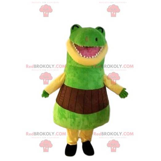 Mascote de dinossauro verde muito engraçado. Traje de