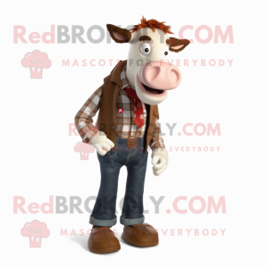 Rust Hereford Cow mascot costume character dressed with a Skinny Jeans and Pocket squares