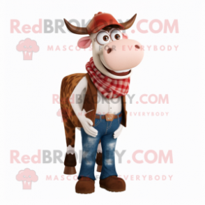 Rust Hereford Cow mascot costume character dressed with a Skinny Jeans and Pocket squares