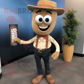 Tan Attorney mascot costume character dressed with a Jeans and Tie pins