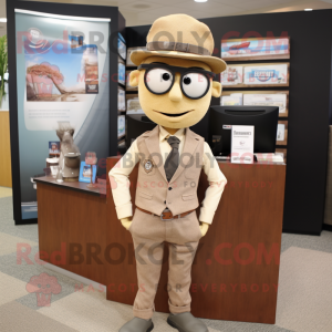 Tan Attorney mascot costume character dressed with a Jeans and Tie pins