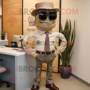 Tan Attorney mascot costume character dressed with a Jeans and Tie pins