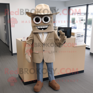 Tan Attorney mascot costume character dressed with a Jeans and Tie pins