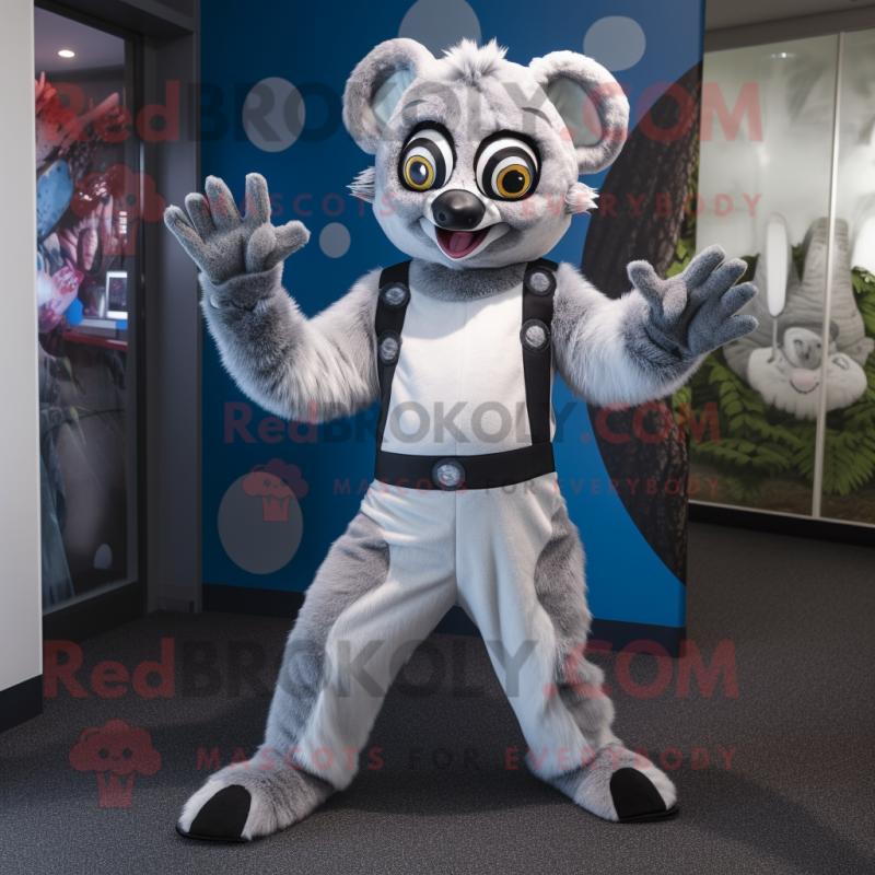 Silver Lemur mascot costume character dressed with a Romper and Gloves Silver Lemur mascot costume character dressed with a Romper and Gloves