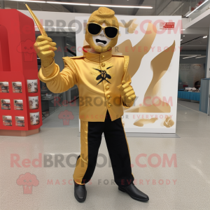 Gold Knife Thrower mascot costume character dressed with a Jacket and Sunglasses