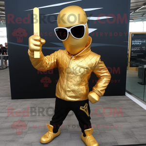 Gold Knife Thrower mascot costume character dressed with a Jacket and Sunglasses