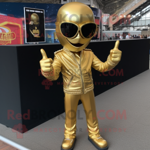 Gold Knife Thrower mascot costume character dressed with a Jacket and Sunglasses