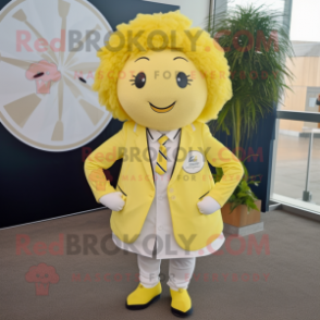 Cream Lemon mascot costume character dressed with a Jacket and Hair clips