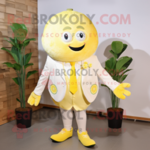 Cream Lemon mascot costume character dressed with a Jacket and Hair clips