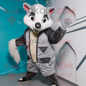 Gray Badger mascot costume character dressed with a Raincoat and Gloves