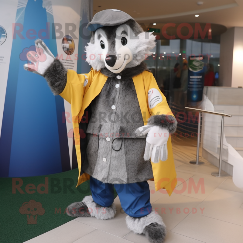 Gray Badger mascot costume character dressed with a Raincoat and Gloves Gray Badger mascot costume character dressed with a Raincoat and Gloves