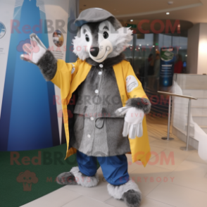 Gray Badger mascot costume character dressed with a Raincoat and Gloves