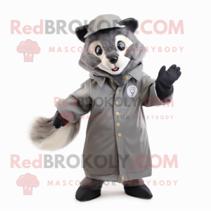 Gray Badger mascot costume character dressed with a Raincoat and Gloves
