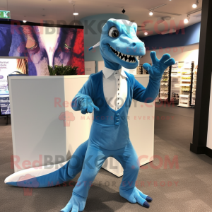 Sky Blue Velociraptor mascot costume character dressed with a Yoga Pants and Tie pins