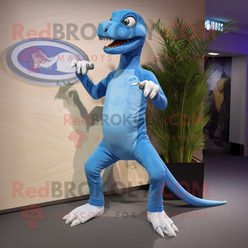 Sky Blue Velociraptor mascot costume character dressed with a Yoga Pants and Tie pins