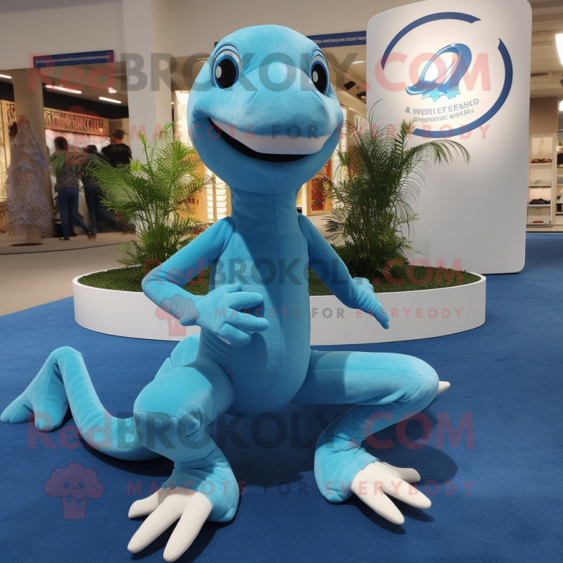 Sky Blue Velociraptor mascot costume character dressed with a Yoga Pants and Tie pins