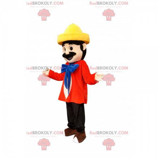 Mascot man in colorful outfit with a yellow hat - Redbrokoly.com