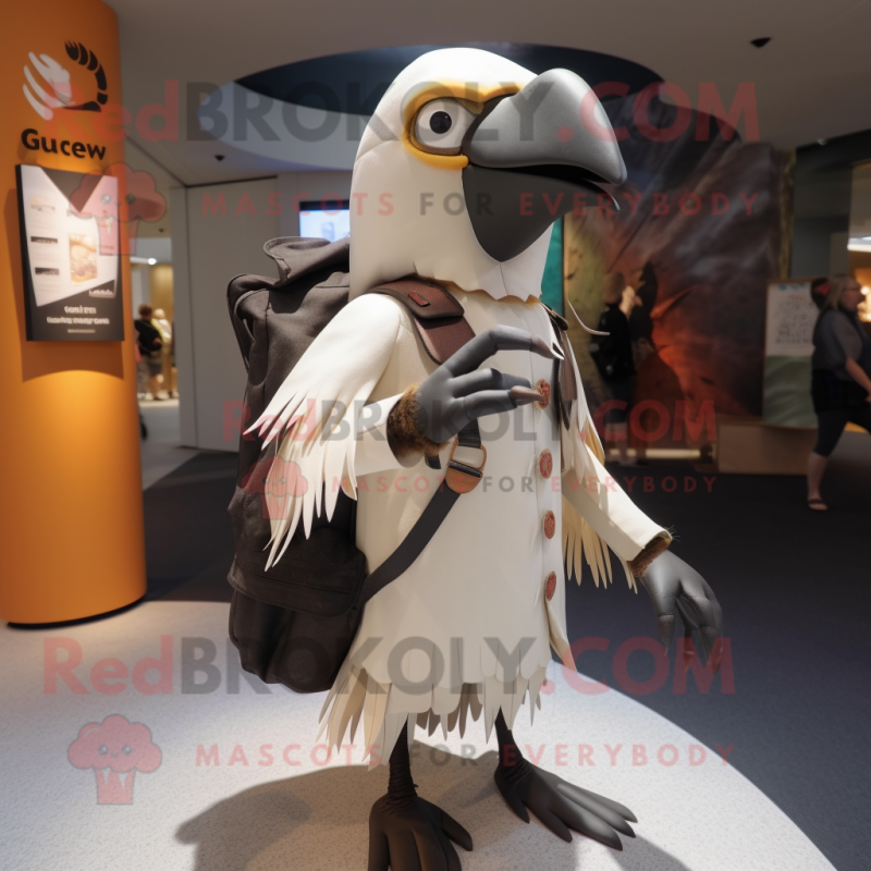 Cream Crow mascot costume character dressed with a Cover-up and Backpacks