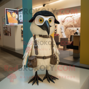 Cream Crow mascot costume character dressed with a Cover-up and Backpacks