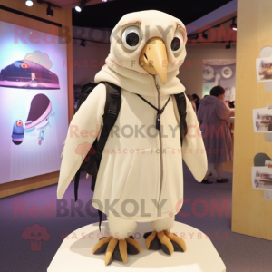 Cream Crow mascot costume character dressed with a Cover-up and Backpacks