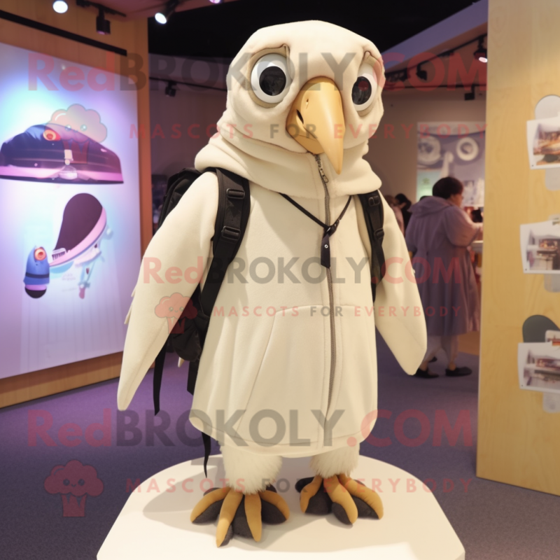 Cream Crow mascot costume character dressed with a Cover-up and Backpacks Cream Crow mascot costume character dressed with a Cover-up and Backpacks