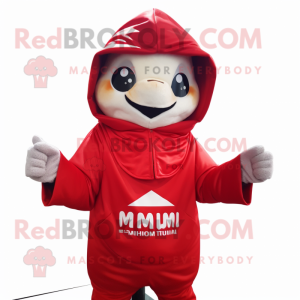 Red Dim Sum mascot costume character dressed with a Hoodie and Pocket squares