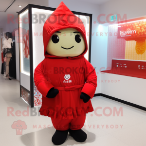 Red Dim Sum mascot costume character dressed with a Hoodie and Pocket squares