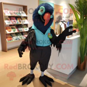 Black Parrot mascot costume character dressed with a Capri Pants and Bow ties