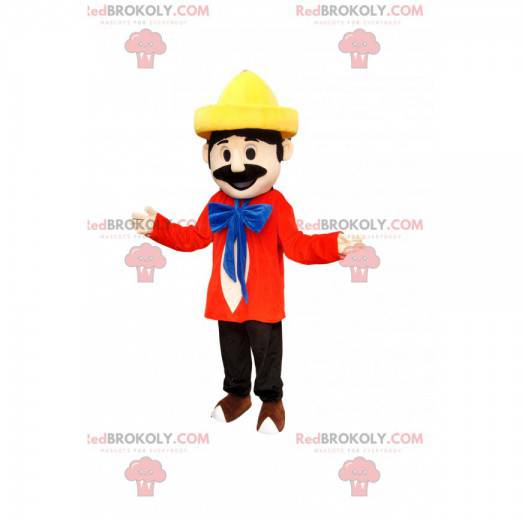 Uomo mascotte in abito colorato con un cappello giallo -