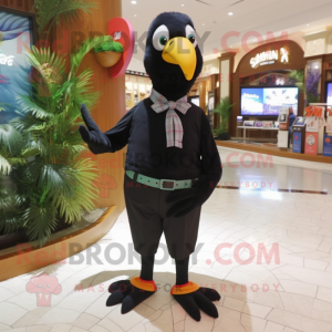 Black Parrot mascot costume character dressed with a Capri Pants and Bow ties