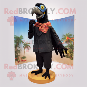 Black Parrot mascot costume character dressed with a Capri Pants and Bow ties