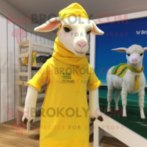 Lemon Yellow Boer Goat mascot costume character dressed with a One-Piece Swimsuit and Scarf clips