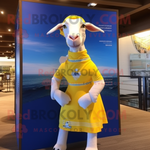 Lemon Yellow Boer Goat mascot costume character dressed with a One-Piece Swimsuit and Scarf clips