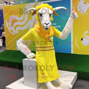 Lemon Yellow Boer Goat mascot costume character dressed with a One-Piece Swimsuit and Scarf clips