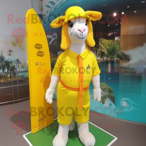 Lemon Yellow Boer Goat mascot costume character dressed with a One-Piece Swimsuit and Scarf clips