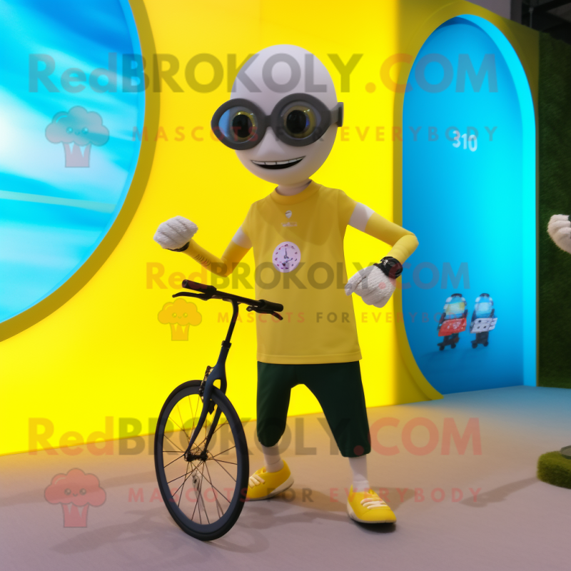 Yellow Unicyclist mascot costume character dressed with a Bikini and Smartwatches