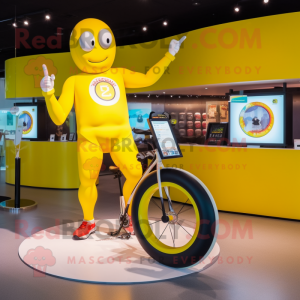 Yellow Unicyclist mascot costume character dressed with a Bikini and Smartwatches