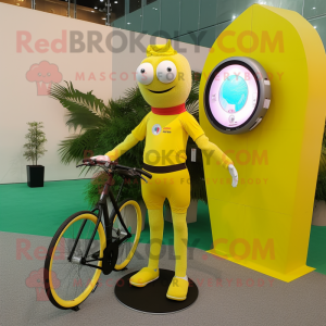 Yellow Unicyclist mascot costume character dressed with a Bikini and Smartwatches