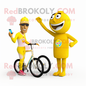 Yellow Unicyclist mascot costume character dressed with a Bikini and Smartwatches