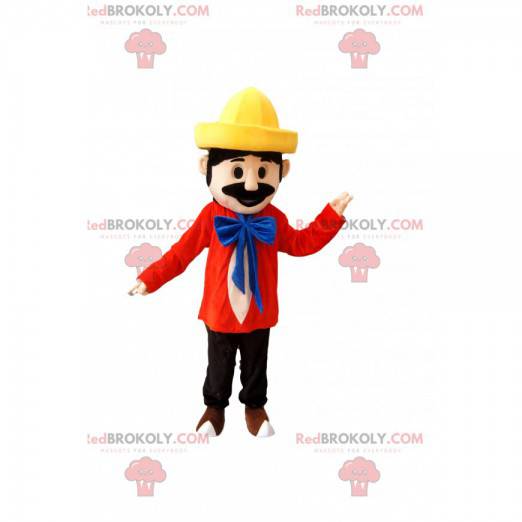 Mascot man in colorful outfit with a yellow hat - Redbrokoly.com