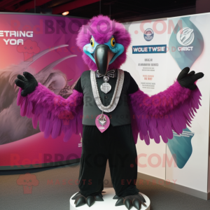 Magenta Vulture mascot costume character dressed with a Tuxedo and Necklaces