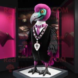 Magenta Vulture mascot costume character dressed with a Tuxedo and Necklaces